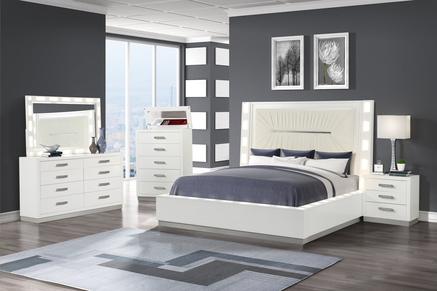 Coco King 5 Pc LED Bedroom Set Made with Wood in Milky White