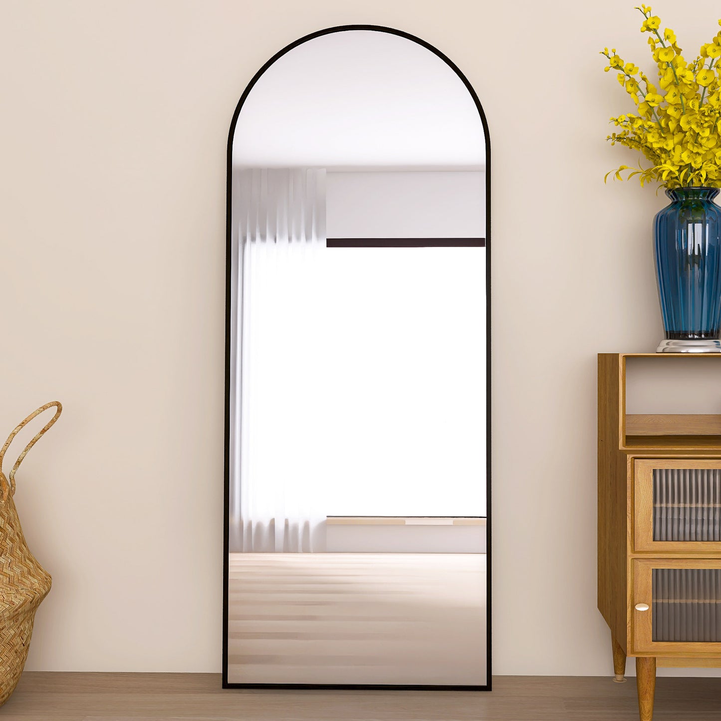 Arched Full Length Mirror Floor Mirror Hanging Standing or Leaning, Bedroom Mirror Wall-Mounted Mirror Dressing Mirror with Black Aluminum Alloy Frame, 65" x 23.6"