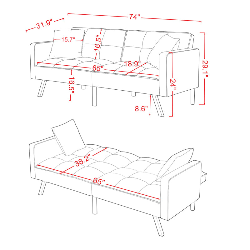 Futon Sofa Sleeper Grey Velvet with 2 Pillows