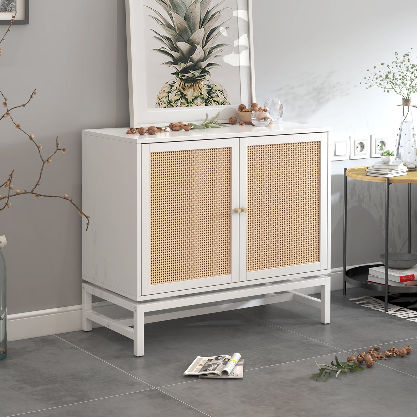 Natural Rattan 2 Door Cabinet with 1 Adjustable Inner Shelves, Rattan, Accent Storage Cabinet