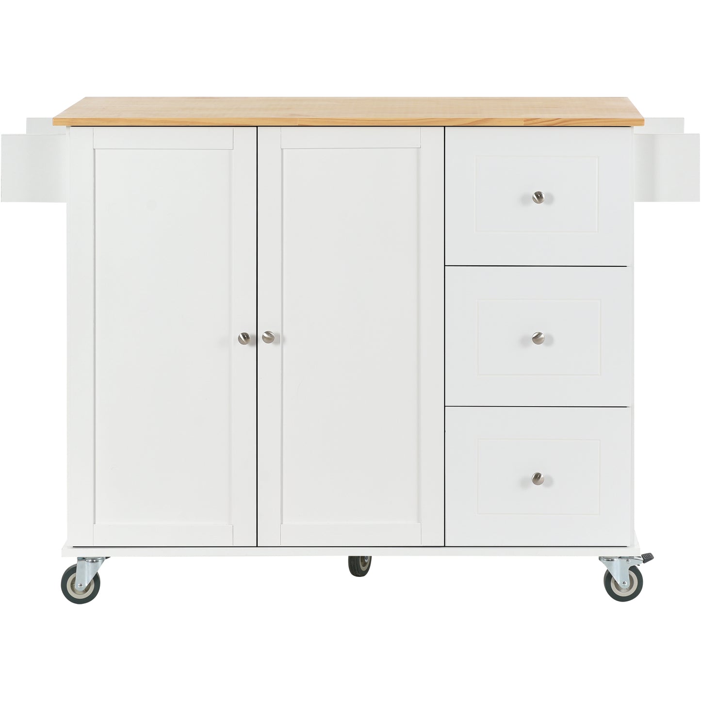 Rolling Mobile Kitchen Island with Solid Wood Top and Locking Wheels, 52.7 Inch Width, Storage Cabinet and Drop Leaf Breakfast Bar, Spice Rack, Towel Rack & Drawer (White)