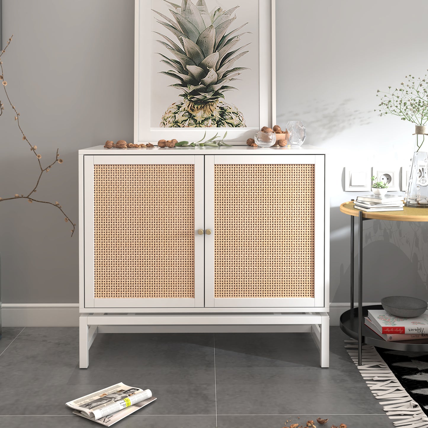 Natural Rattan 2 Door Cabinet with 1 Adjustable Inner Shelves, Rattan, Accent Storage Cabinet