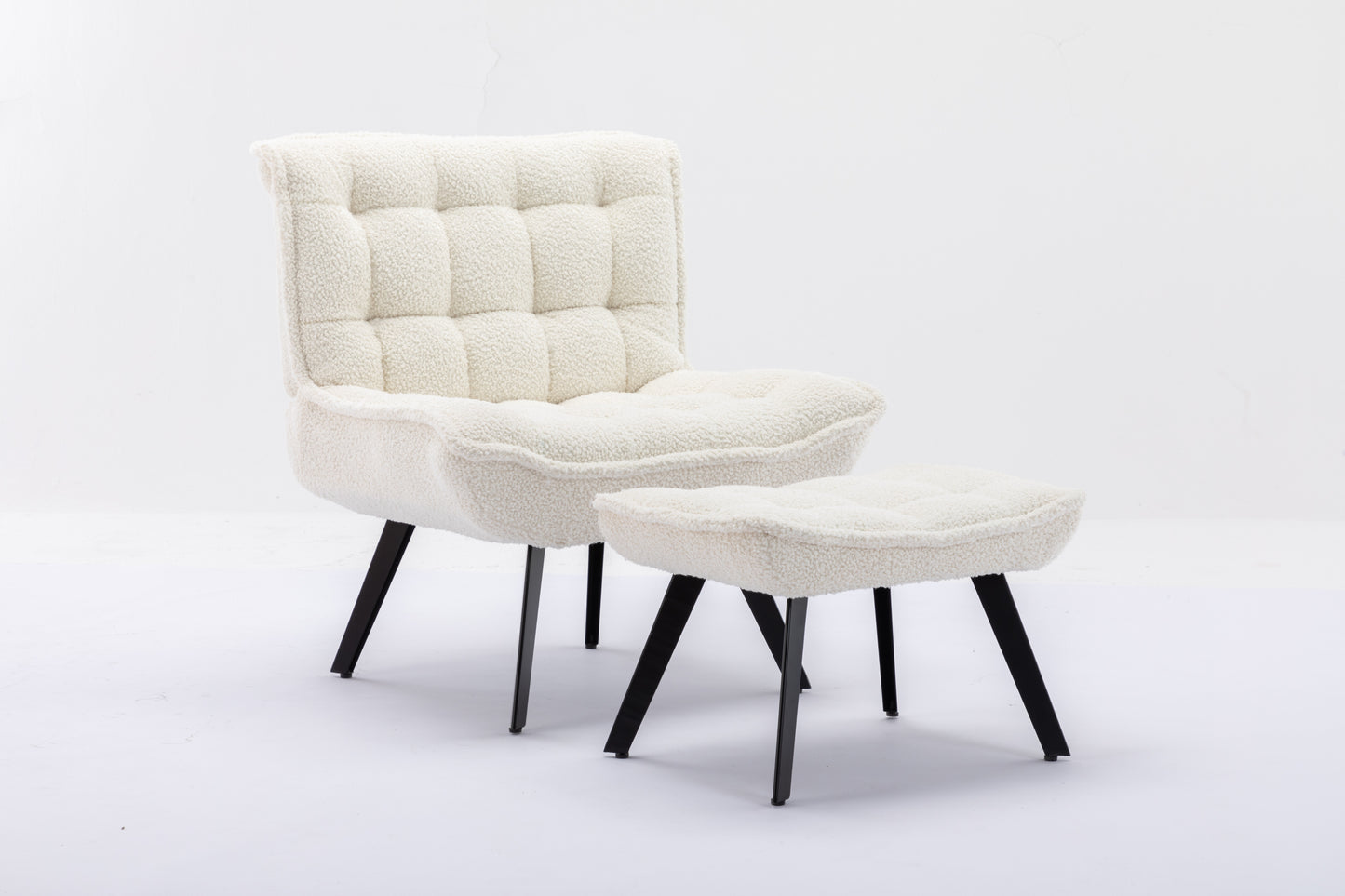 Modern Soft Teddy Fabric Material Large Width Accent Chair Leisure Chair Armchair TV Chair Bedroom Chair With Ottoman Black Legs For Indoor Home And Living Room, White