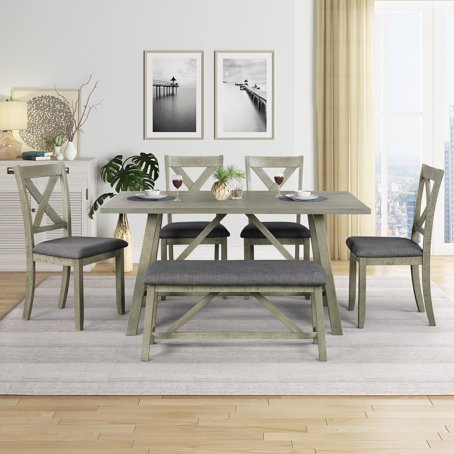 6 Piece Dining Table Set Wood Dining Table and chair Kitchen Table Set with Table, Bench and 4 Chairs, Rustic Style, Gray