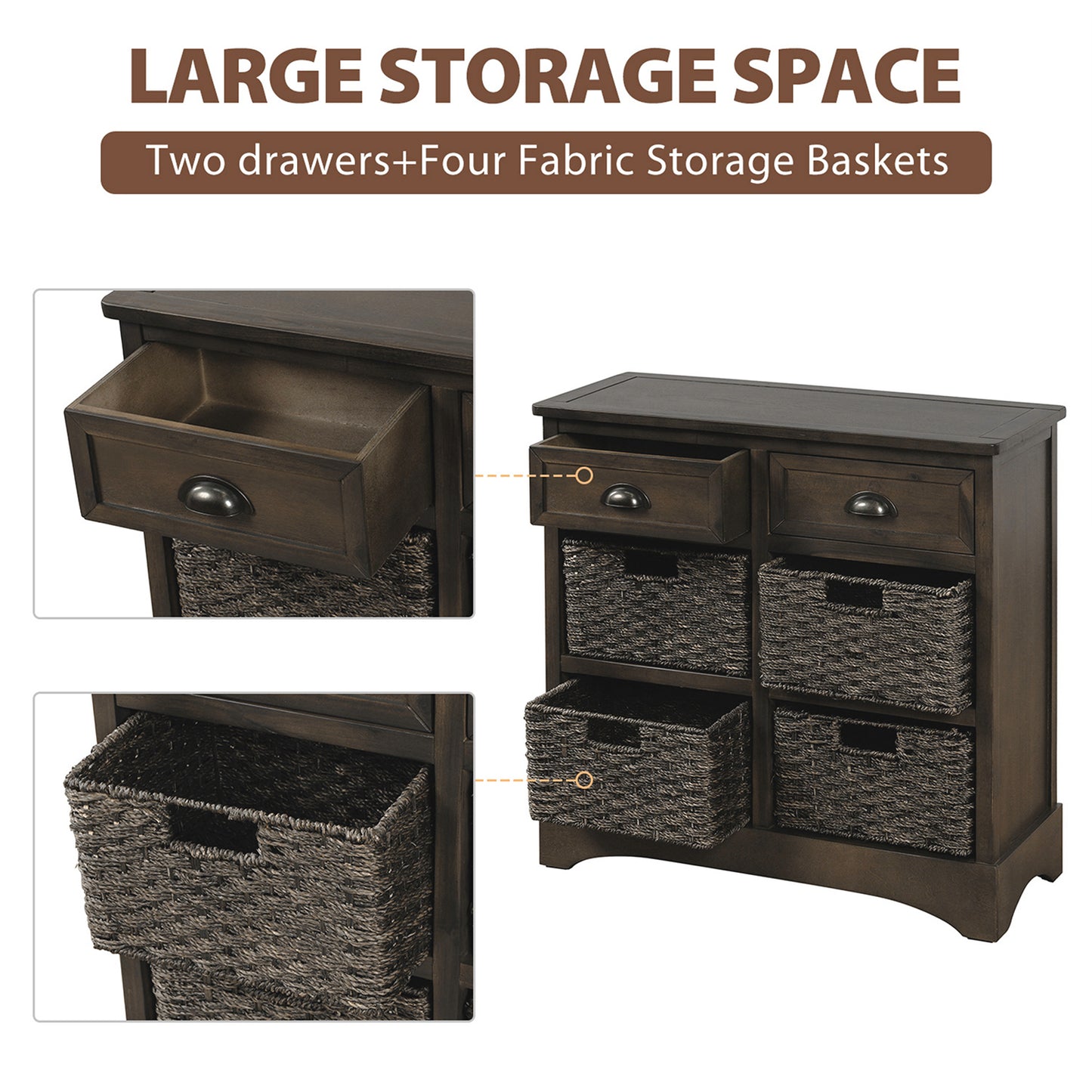 Rustic Storage Cabinet with Two Drawers and Four Classic Rattan Basket for Dining Room/Living Room (Brown Gray)