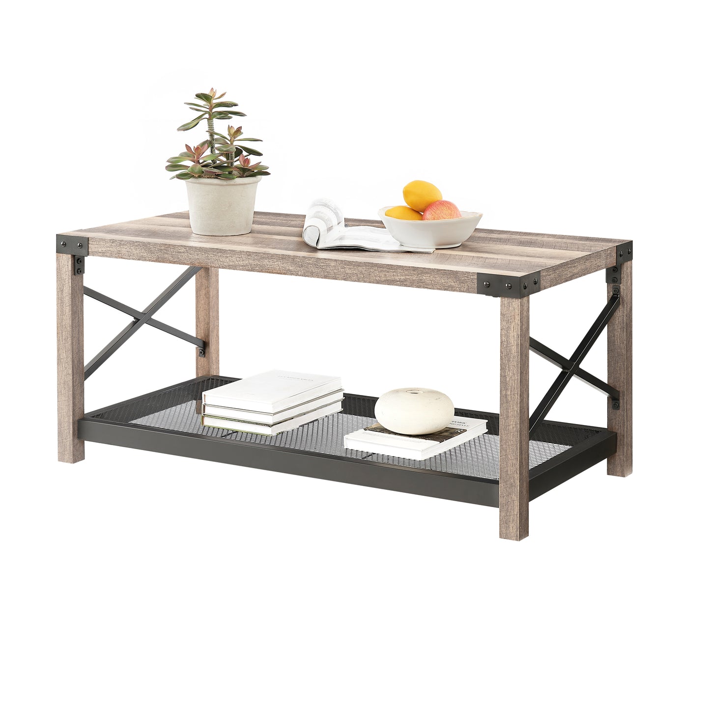 38.82" Farmhouse Coffee Table, 2-Tier Cocktail Table, Center Table with Mesh Shelf, Steel Frame, Corner Protection, Industrial Style, Long Table For Living Room, Grey