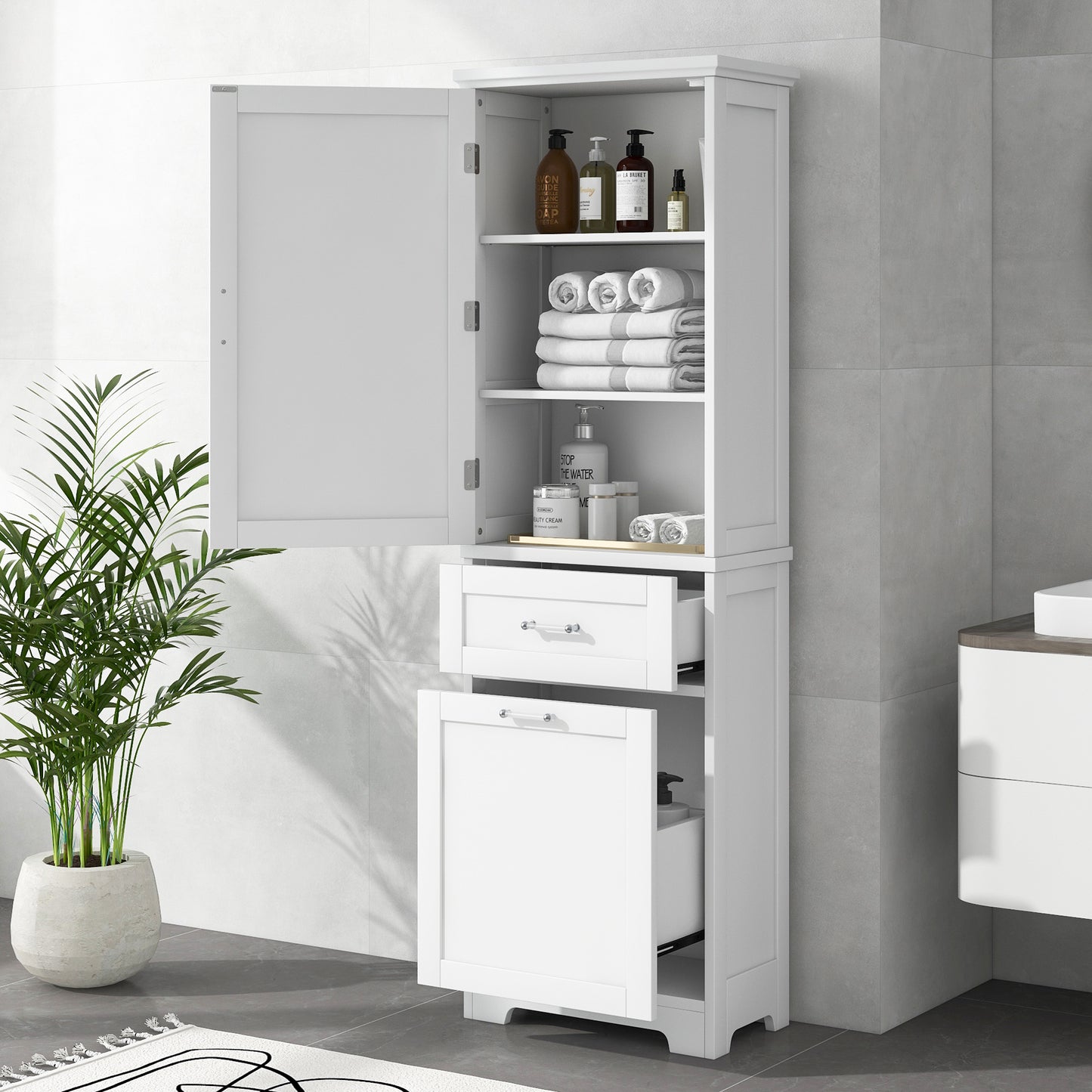 Tall Bathroom Storage Cabinet, Freestanding Storage Cabinet with Two Different Size Drawers and Adjustable Shelf, MDF Board with Painted Finish, White