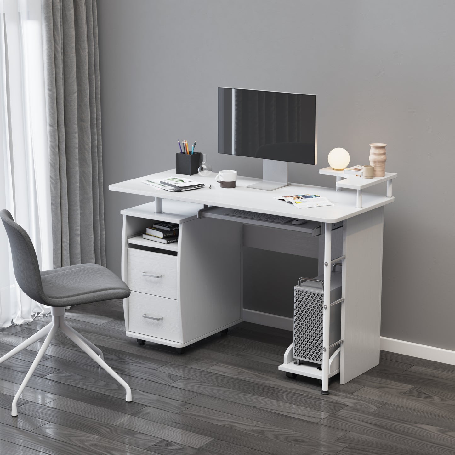 D&N solid wood computer Desk,office table with PC droller, storage shelves and file cabinet , two drawers, CPU tray,a shelf  used for planting, single , white,