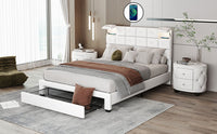 3-Pieces Bedroom Sets, Queen Size Upholstered Platform Bed with Two Wireless Chargers, Two Motion Activated Night Lights and Two Nightstands-White