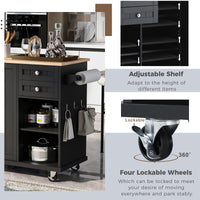 K&K kitchen island cart with Spice Rack, Towel Rack & Drawer, Rubber Wood Desktop, 5 Wheels Including 4 Lockable Wheels, 52.8inch Width (Black)