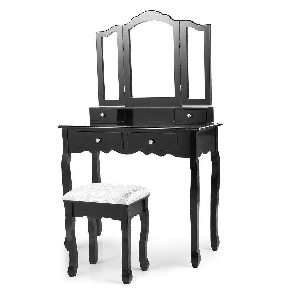 Makeup Vanity Table with Mirror, Wooden Dresser With Stool & 4 Drawers