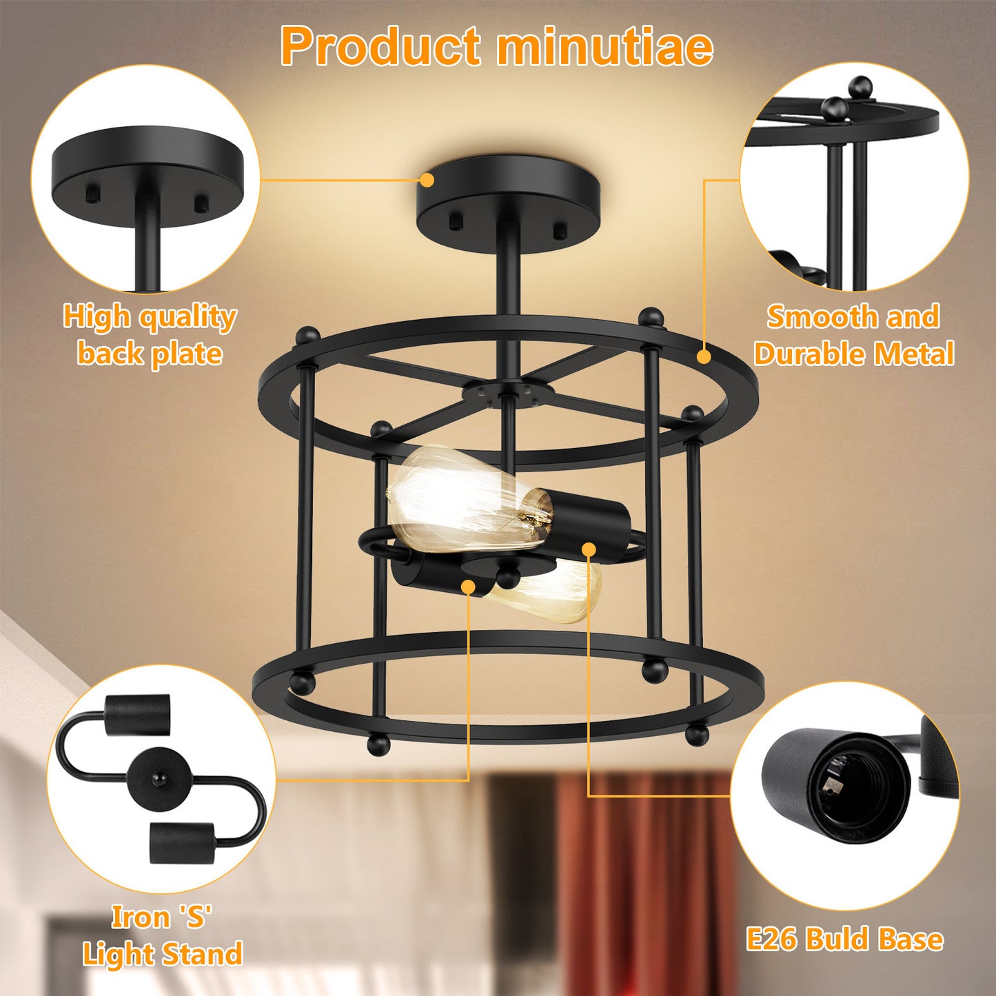 Black Semi-Recessed Ceiling Light, 2 Lights Farmhouse Industrial Style with E26/27 Bulb Base (without Bulb), Voltage 110V and 220V