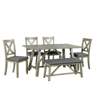 6 Piece Dining Table Set Wood Dining Table and chair Kitchen Table Set with Table, Bench and 4 Chairs, Rustic Style, Gray