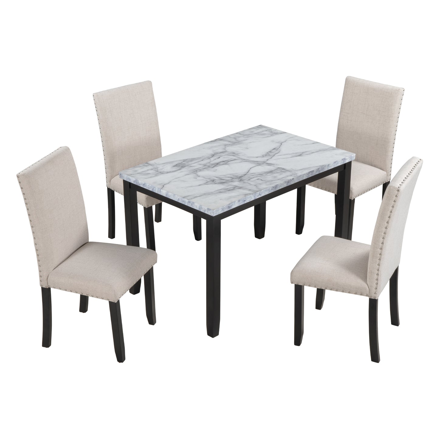 Faux Marble 5-Piece Dining Set Table with 4 Thicken Cushion Dining Chairs Home Furniture, White/Beige+Black