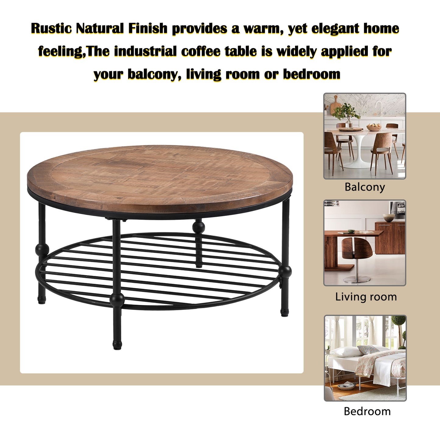 Rustic Natural Round Coffee Table with Storage Shelf for Living Room, Easy Assembly (Round)