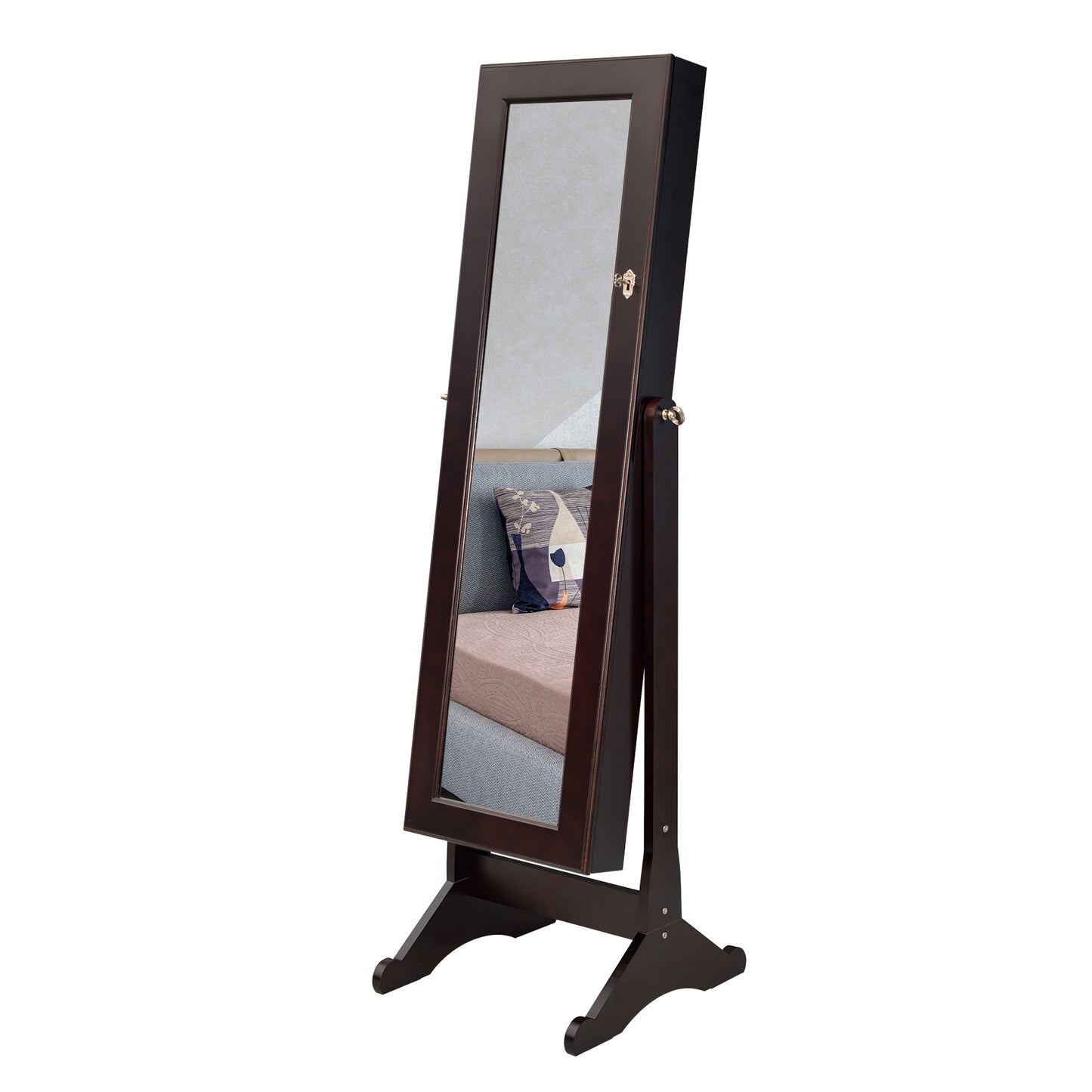 European-Style Retro with Full-Length Mirror Wooden Vertical Jewelry Cabinet with LED Lights