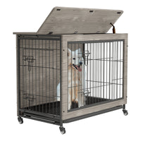 Dog Crate Furniture , 38'' Heavy Duty Wooden Dog Kennel with Double Doors & Flip-Top for Large Dogs, Furniture Style Dog Crate End Table with Wheels, Grey 38.3"L X 23.4"W X 32"H