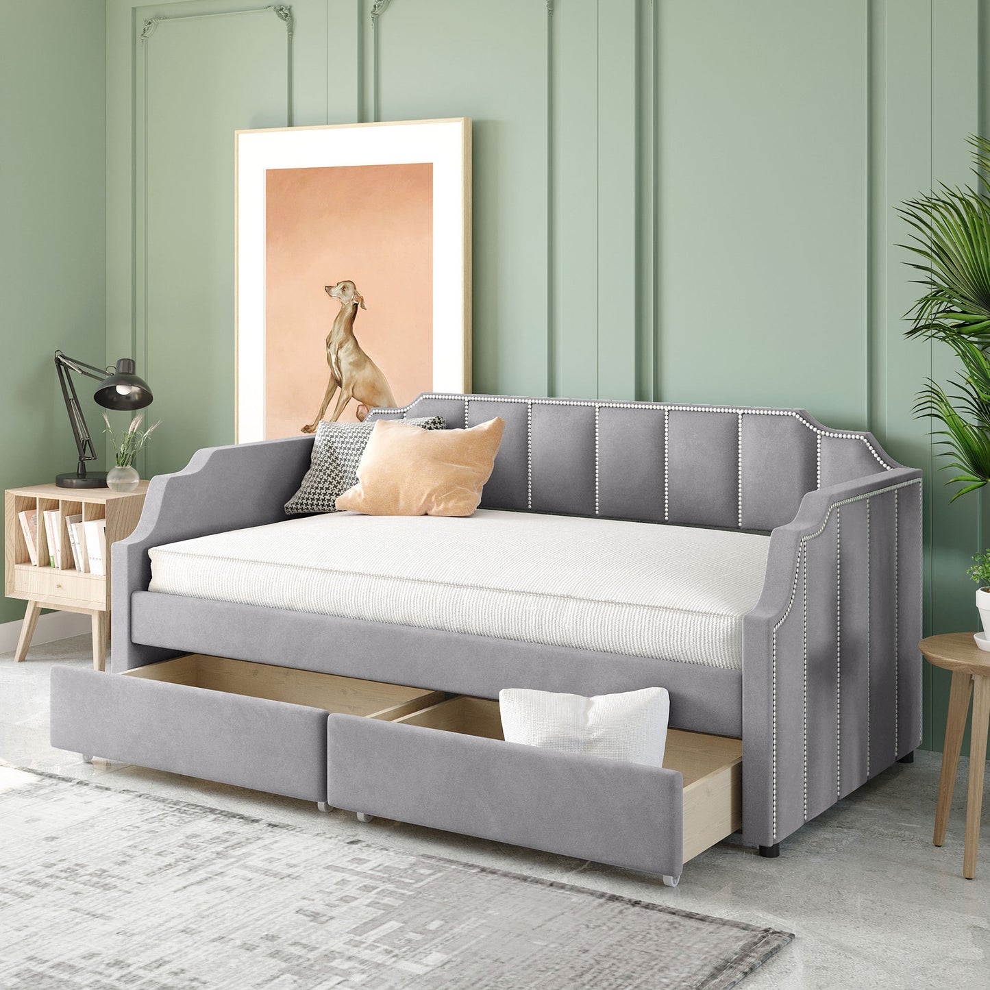 Twin Size Upholstered Daybed with Drawers, Wood Slat Support, Gray