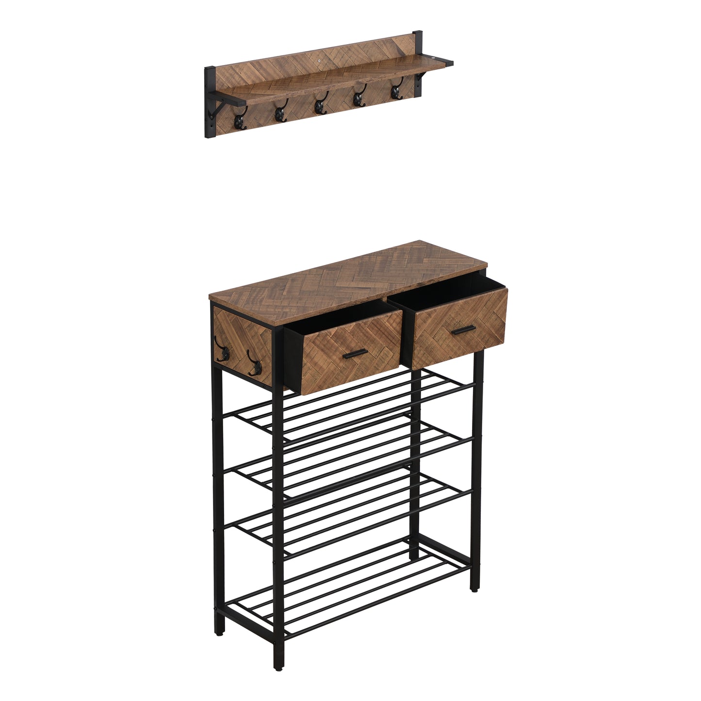 Entryway 4-tier Shoe Rack with Hall Tree, One Set Entryway Show Rack with Storage and Hooks