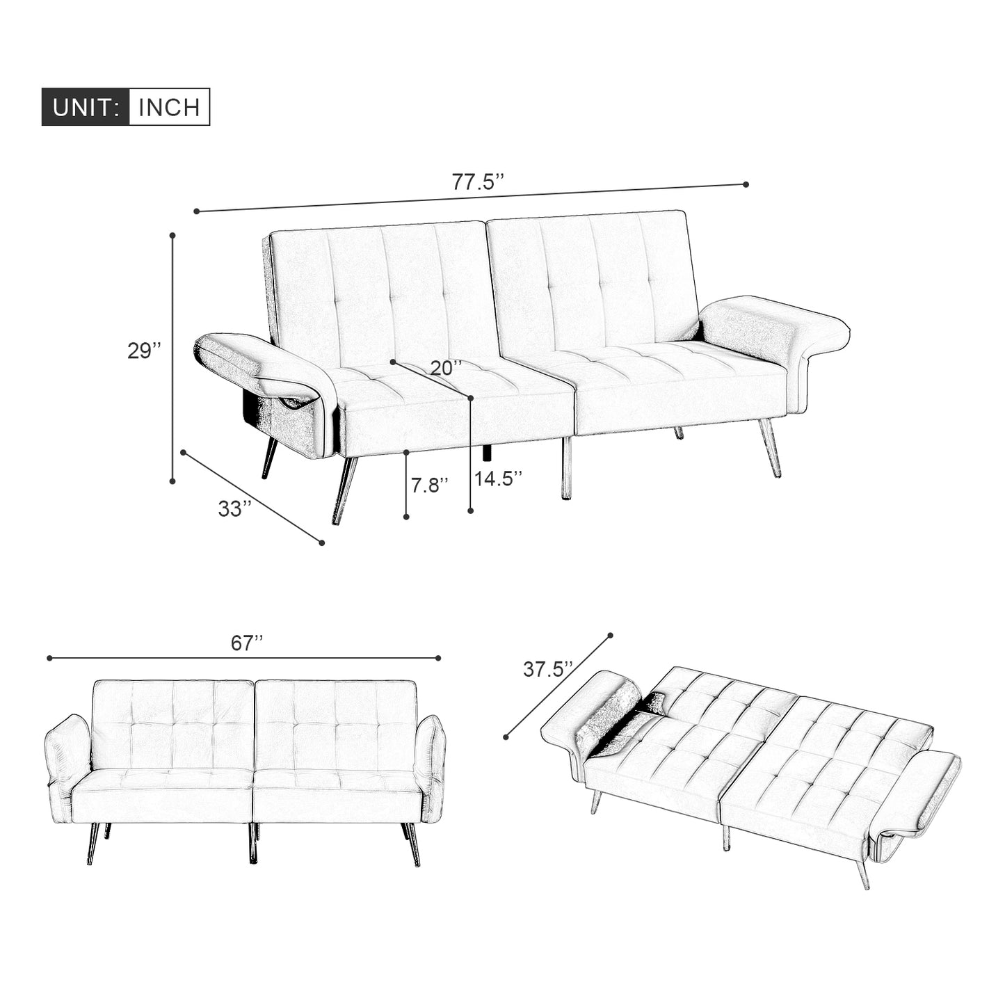 280g Italian Velvet Futon Couch, Foldable Armrests with Magazine Bags Sleeper Sofa Bed, 78inch Sleeper Sofa for Living Room, Beige Velvet