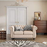 60" modern sofa Dutch plush upholstered sofa, solid wood legs, buttoned tufted backrest, beige