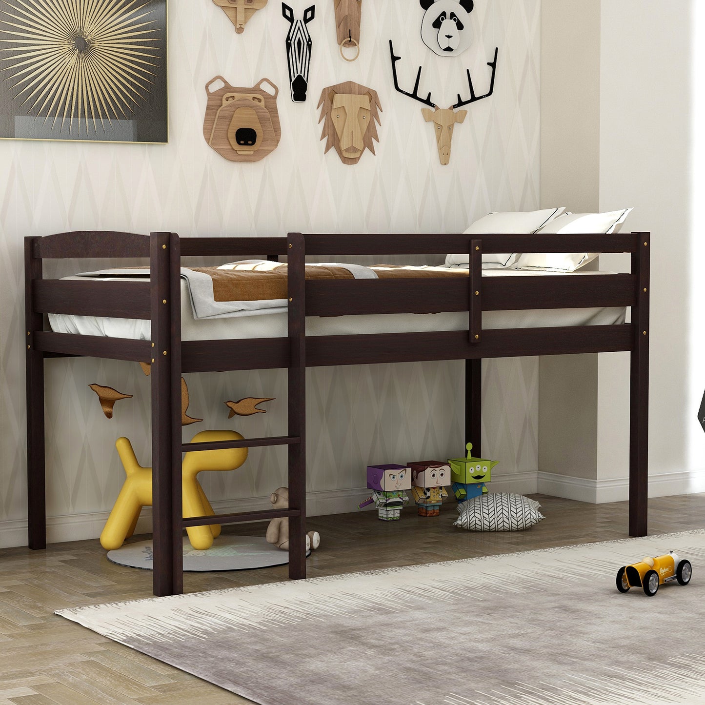 Twin Wood Loft Bed Low Loft Beds with Ladder,Twin,Espresso(OLD SKU :WF192082AAP)