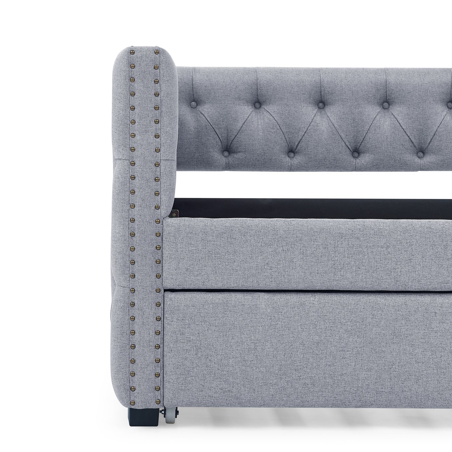 Daybed with Trundle Upholstered Tufted Sofa Bed with Button and Copper Nail on Square Arms, Twin Size, Grey (85“x42.5”x31.5“)