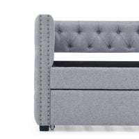 Daybed with Trundle Upholstered Tufted Sofa Bed with Button and Copper Nail on Square Arms, Twin Size, Grey (85“x42.5”x31.5“)