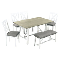 6 Piece Dining Table Set Wood Dining Table and chair Kitchen Table Set with Table, Bench and 4 Chairs, Rustic Style, White+Gray