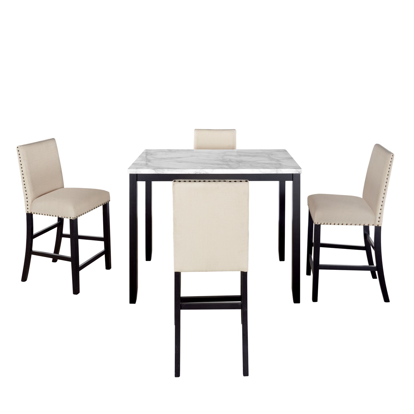 5 Piece Counter Height Faux Marble Modern Dining Set with Matching Chairs and Marble Veneer for Home, Beige