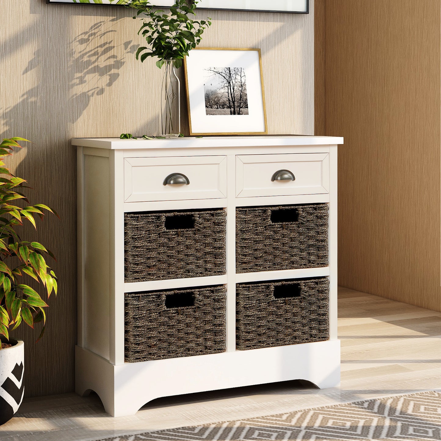 Rustic Storage Cabinet with Two Drawers and Four Classic Rattan Basket for Dining Room/Living Room (White)