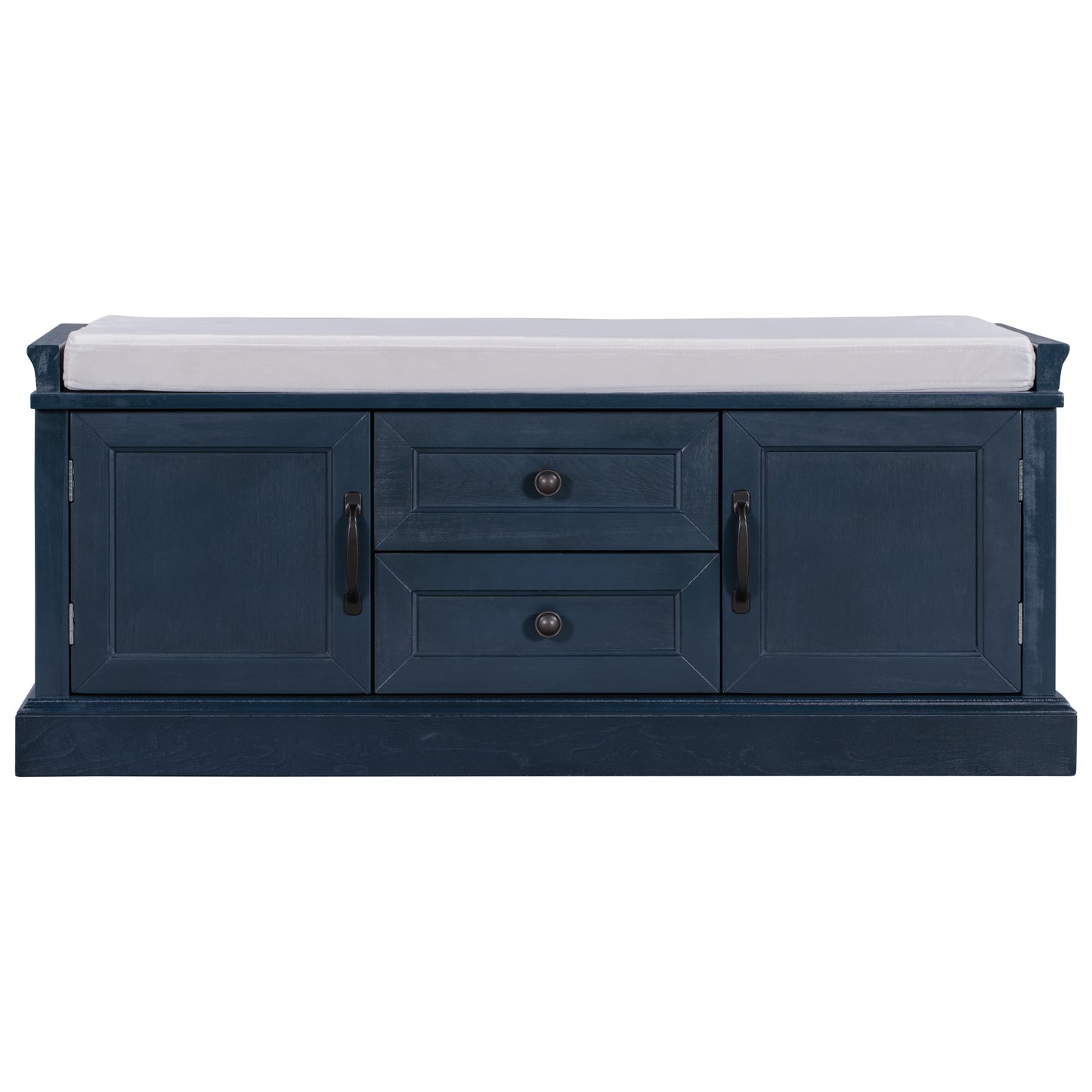 Storage Bench with 2 Drawers and 2 Cabinets, Shoe Bench with Removable Cushion for Living Room, Entryway (Antique Navy)