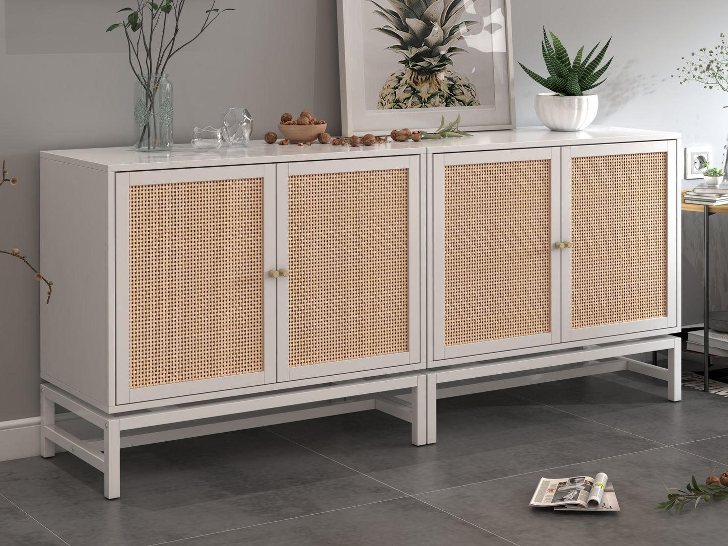 Natural Rattan 2 Door Cabinet with 1 Adjustable Inner Shelves, Rattan, Accent Storage Cabinet