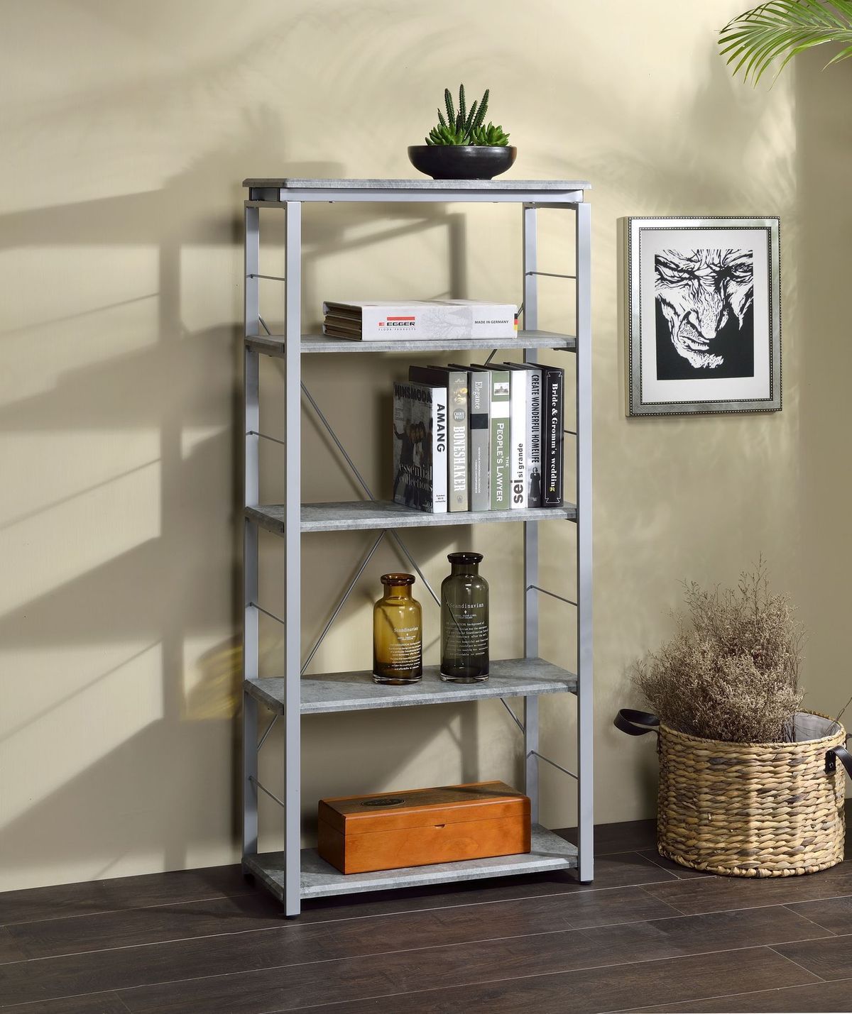 ACME Jurgen Bookshelf, Faux Concrete & Silver