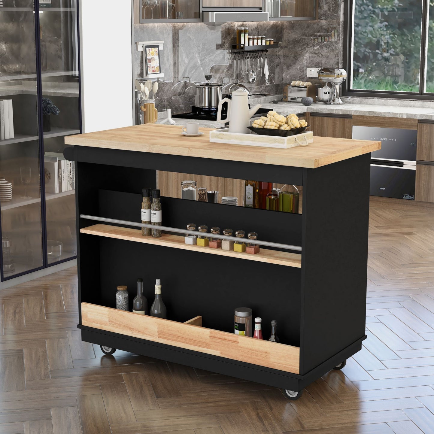 Kitchen Cart Rolling Mobile Kitchen Island Solid Wood Top, Kitchen Cart With 2 Drawers, Tableware Cabinet (Black)