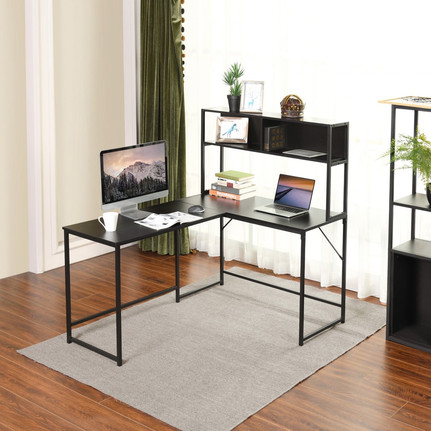 L-Shaped Desk with Hutch Reversible Corner Computer Desk with Storage Shelves, Industrial 54.3" L Shaped Desk Large Gaming Desk Saves Space for Home Office, Black