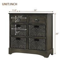 Rustic Storage Cabinet with Two Drawers and Four Classic Rattan Basket for Dining Room/Living Room (Brown Gray)