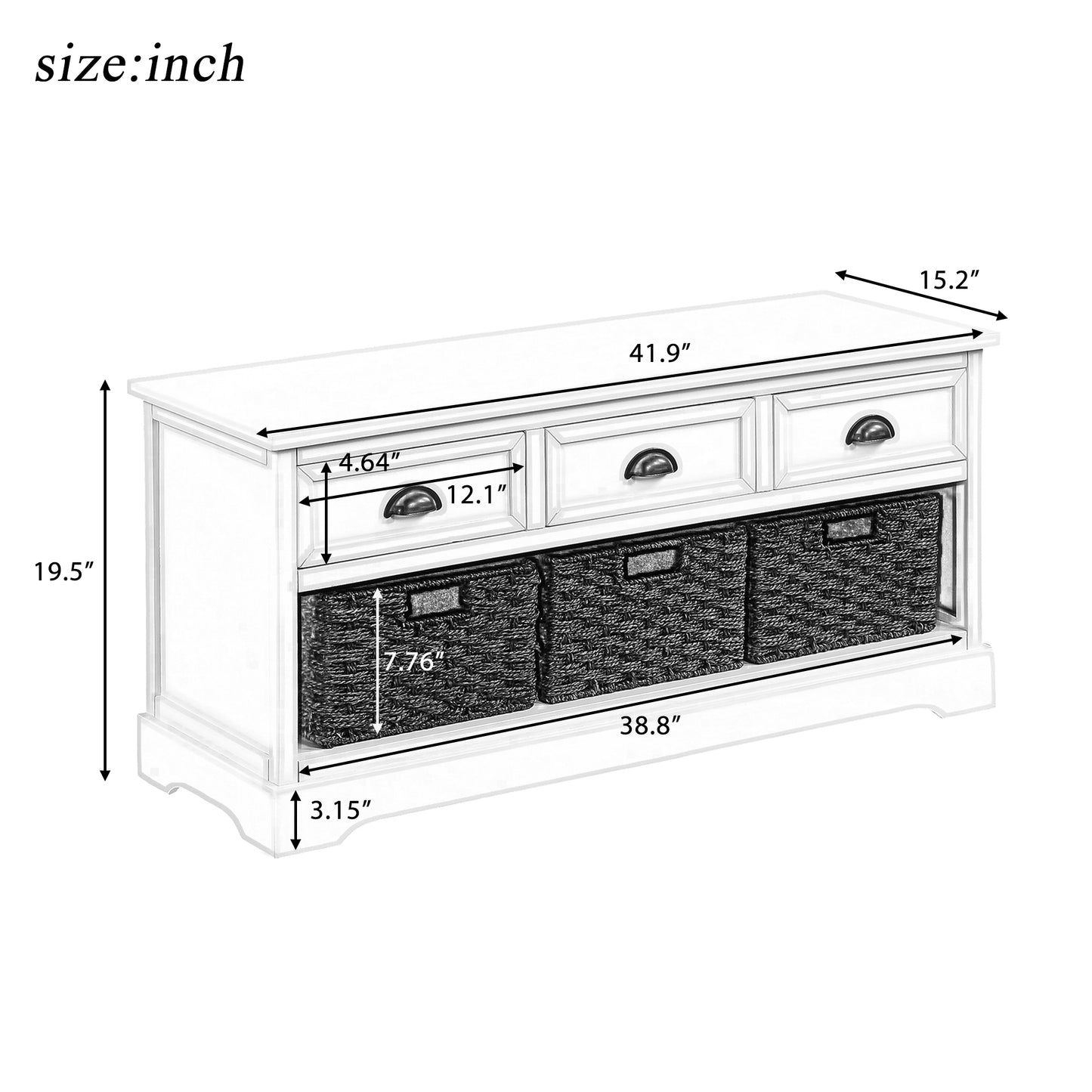 Homes Collection Wood Storage Bench with 3 Drawers and 3 Woven Baskets