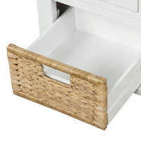 Rustic Storage Bench with 3 Drawers and 3 Rattan Baskets, Shoe Bench for Living Room, Entryway (White)