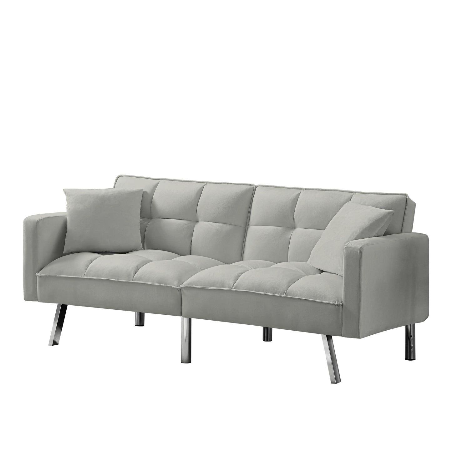 Futon Sofa Sleeper Grey Velvet with 2 Pillows