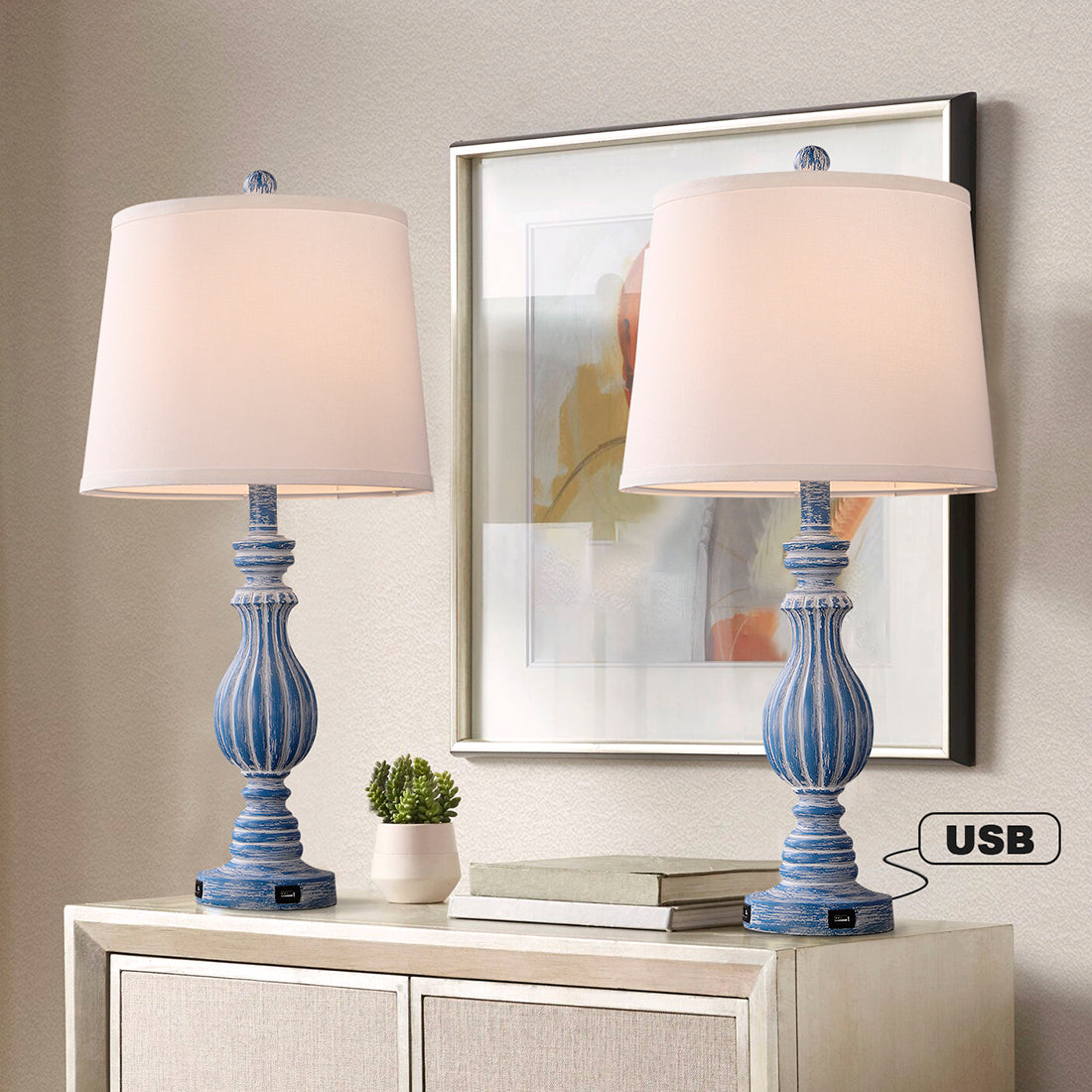 26" Bedside Nightstand Lamp with Dual USB Ports (Set of 2）