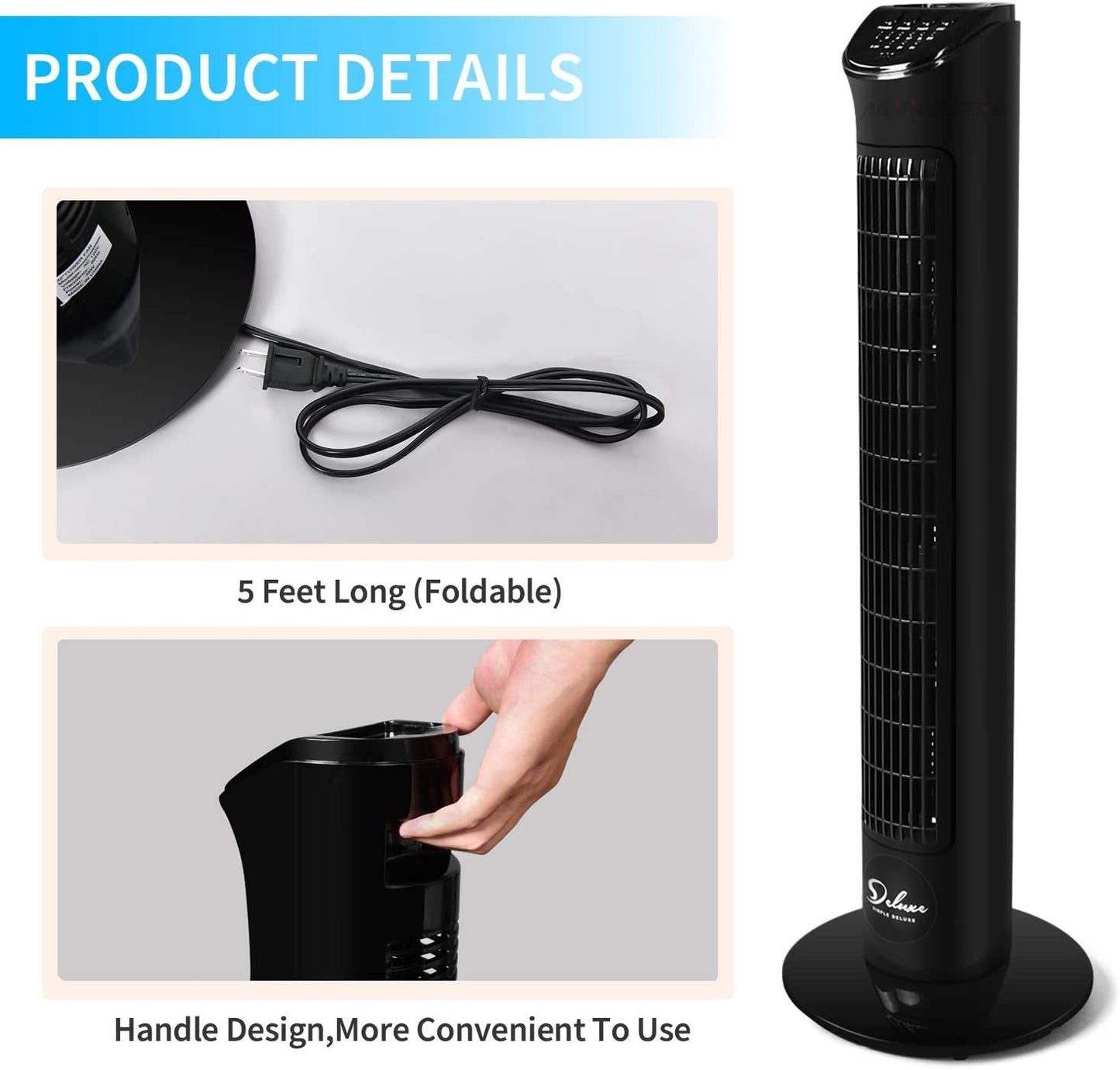 Simple Deluxe 32’’ Electric Oscillating Tower Fan with Remote Control for Indoor, Bedroom and Home Office, Black