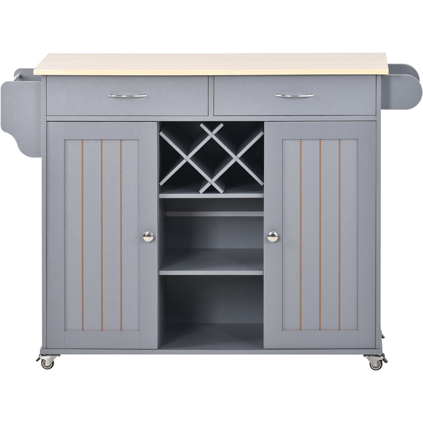 K&K Store Kitchen Island Cart with Two Storage Cabinets and Four Locking Wheels, Wine Rack, Two Drawers, Spice Rack, Towel Rack (Grey Blue)