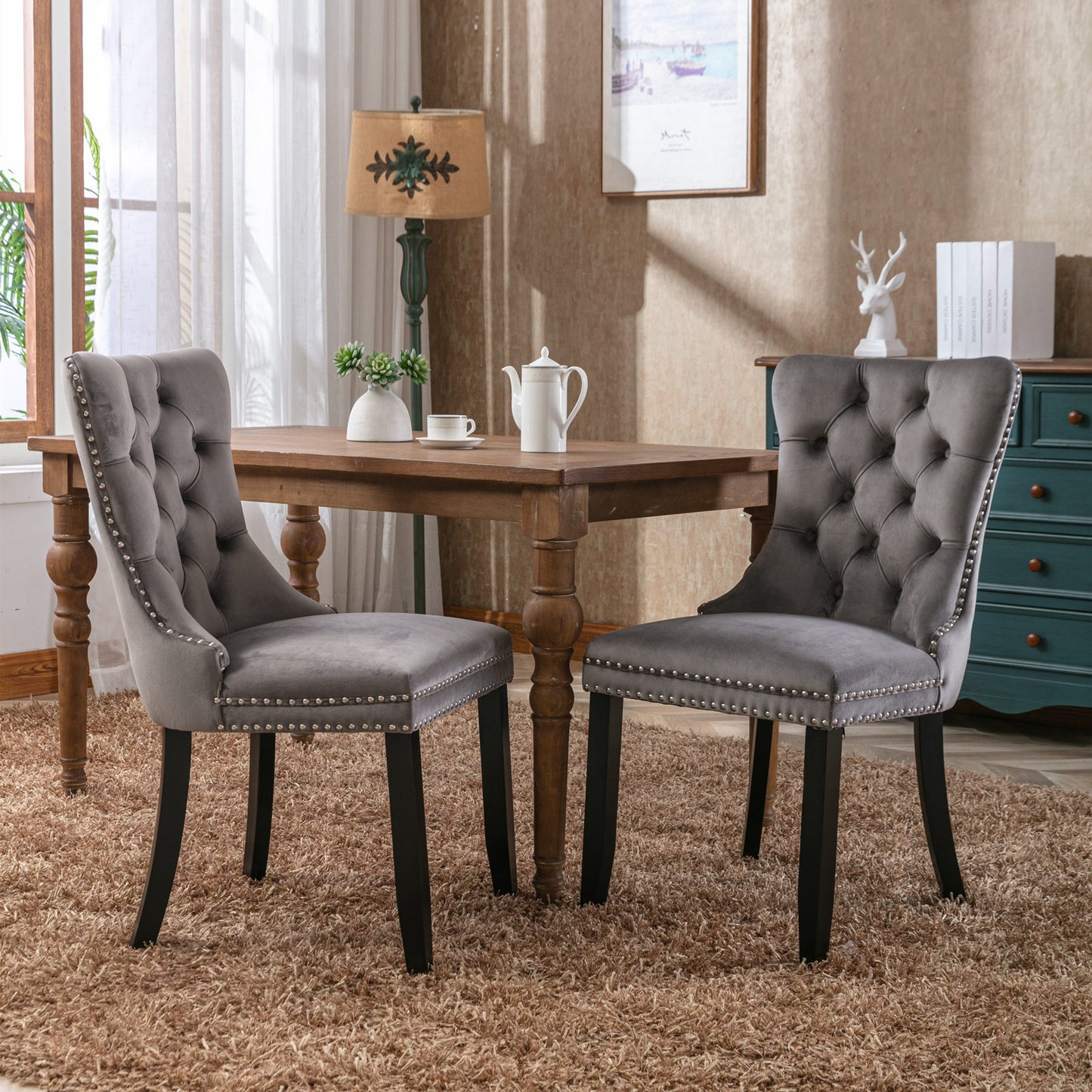 A&A Furniture, Nikki Collection Modern, High-end Tufted Solid Wood Contemporary Velvet Upholstered Dining Chair with Wood Legs Nailhead Trim 2-Pcs Set, Gray