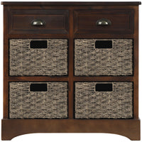 Rustic Storage Cabinet with Two Drawers and Four Classic Rattan Basket for Dining Room/Living Room (Espresso)