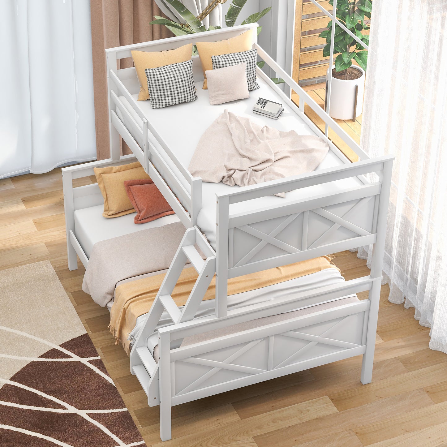 Twin over Full Bunk Bed with ladder, Safety Guardrail, Perfect for Bedroom, White