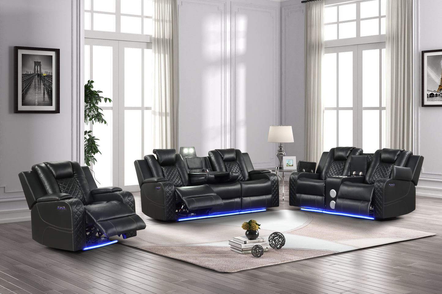 Benz LED & Power Recliner 3 PC Made With Faux Leather in Black