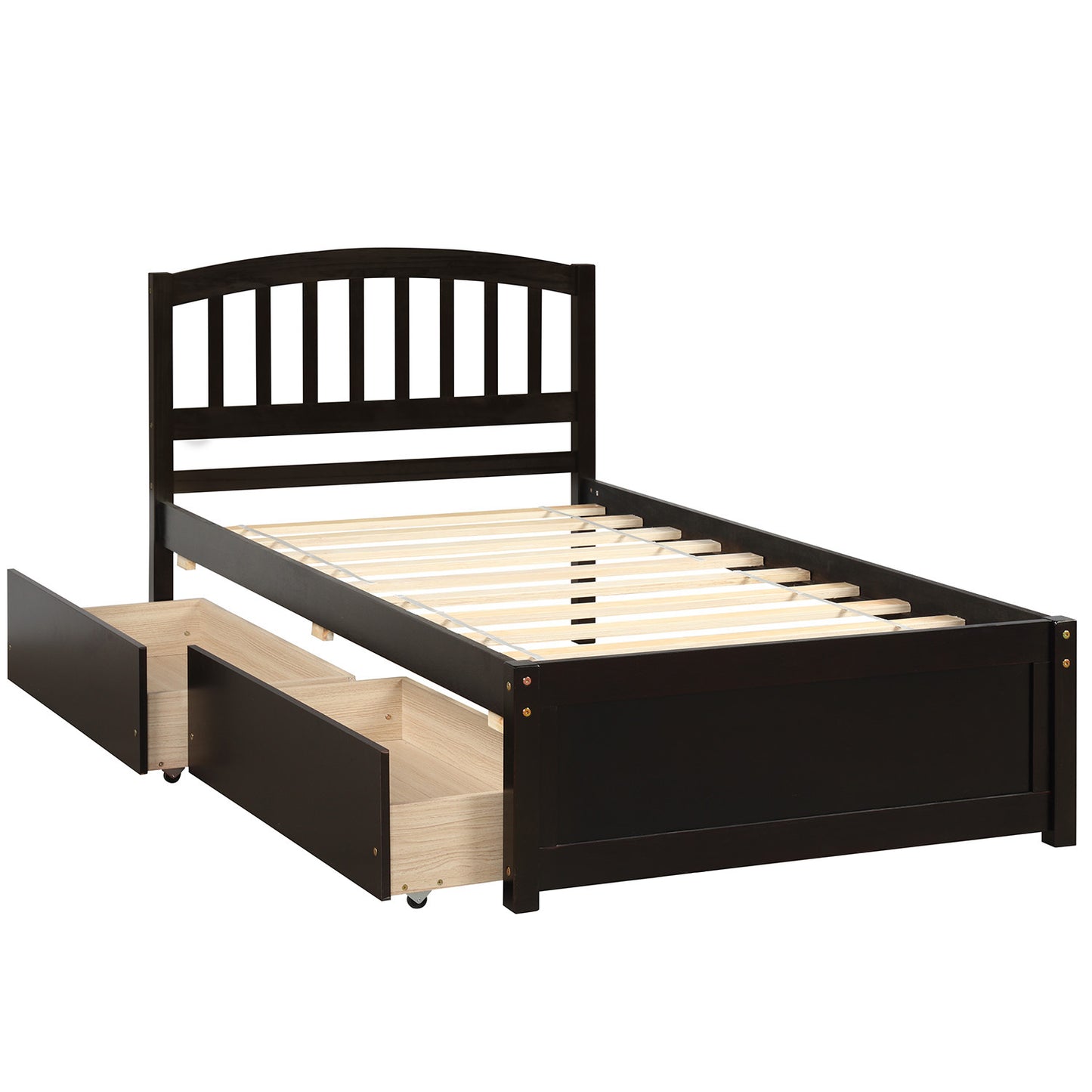 Twin Platform Storage Bed Wood Bed Frame with Two Drawers and Headboard, Espresso