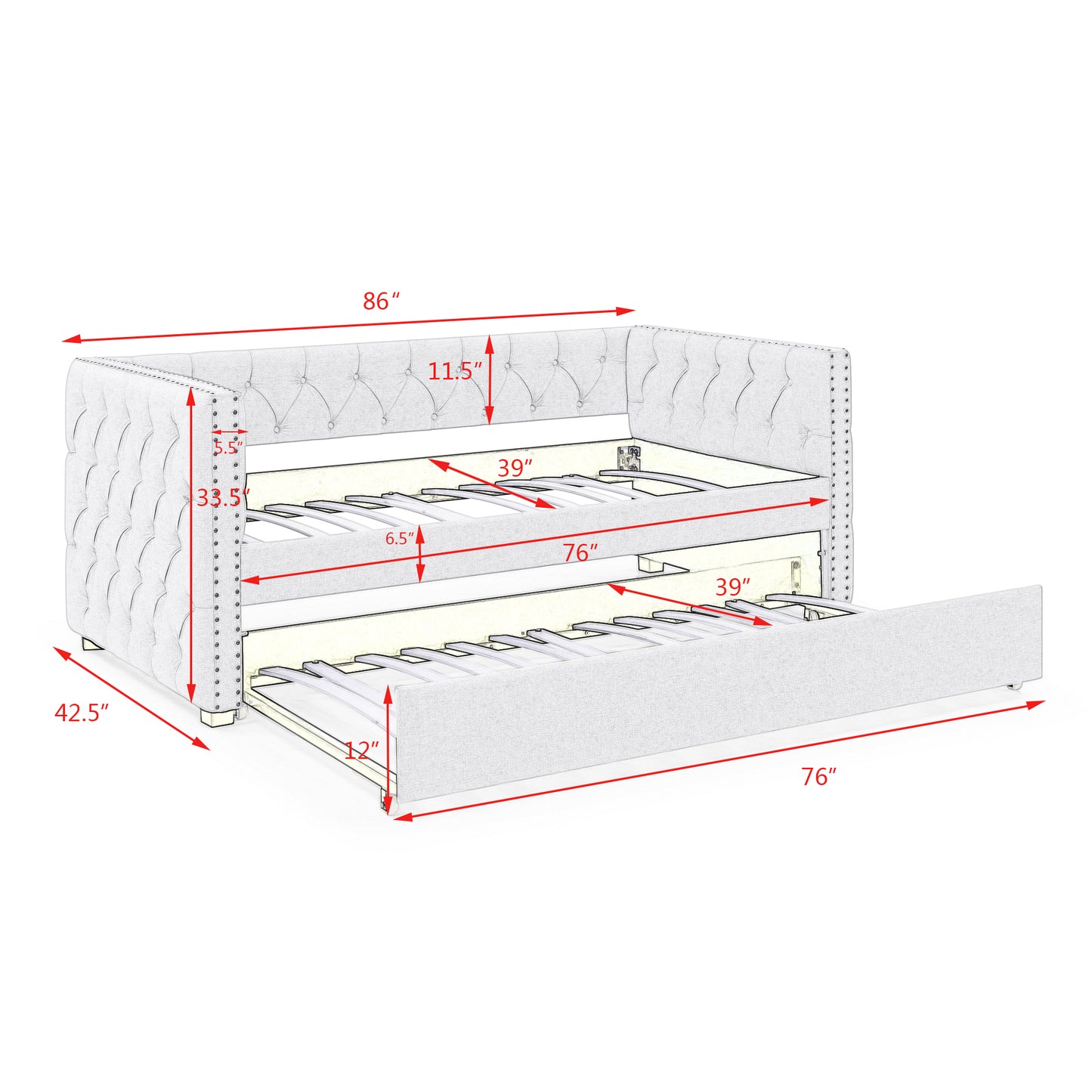 Daybed with Trundle Upholstered Tufted Sofa Bed with Button and Copper Nail on Square Arms, Twin Size, Beige（86“x42.5”x33.5“）