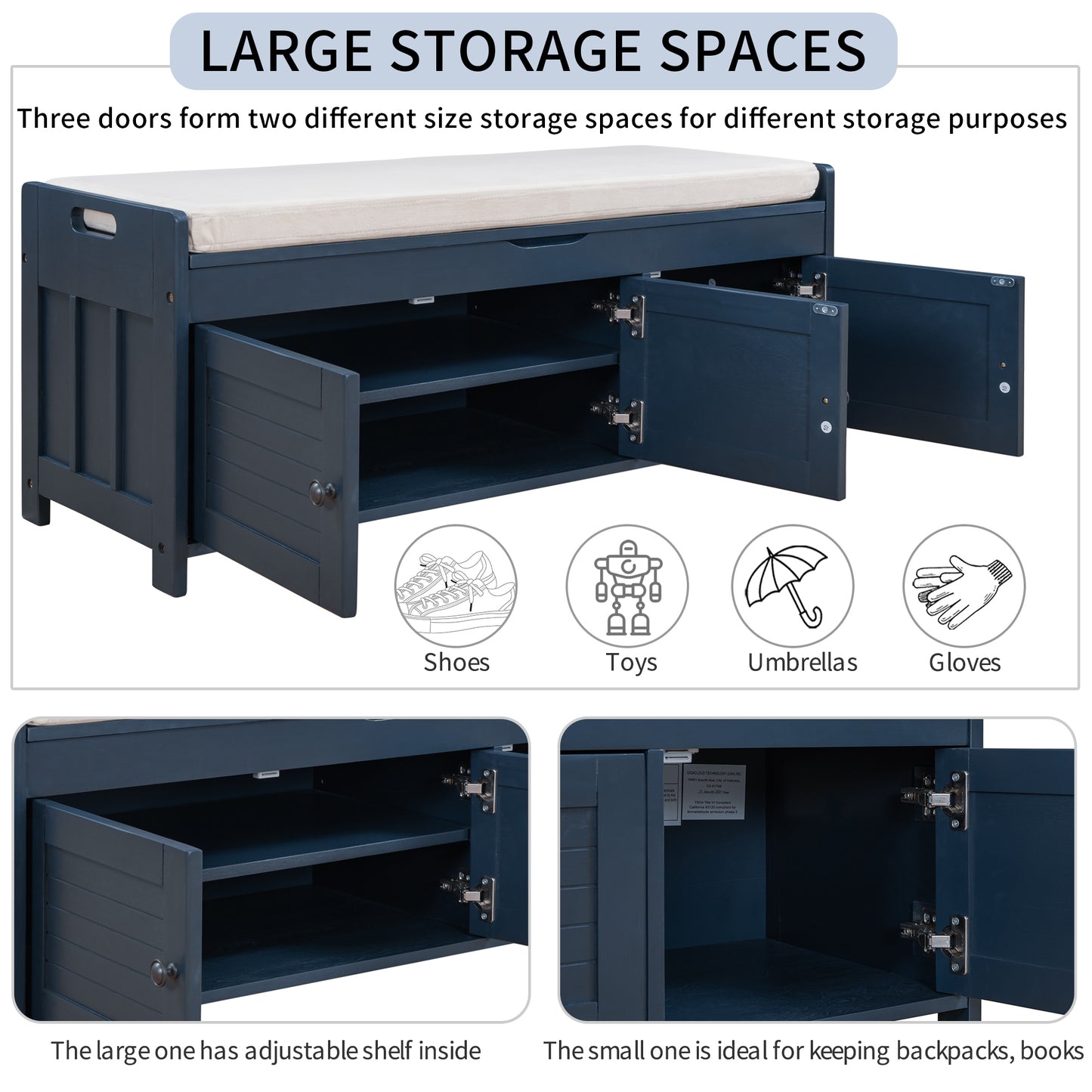 Storage Bench with 3 Shutter-shaped Doors, Shoe Bench with Removable Cushion and Hidden Storage Space (Antique Navy)